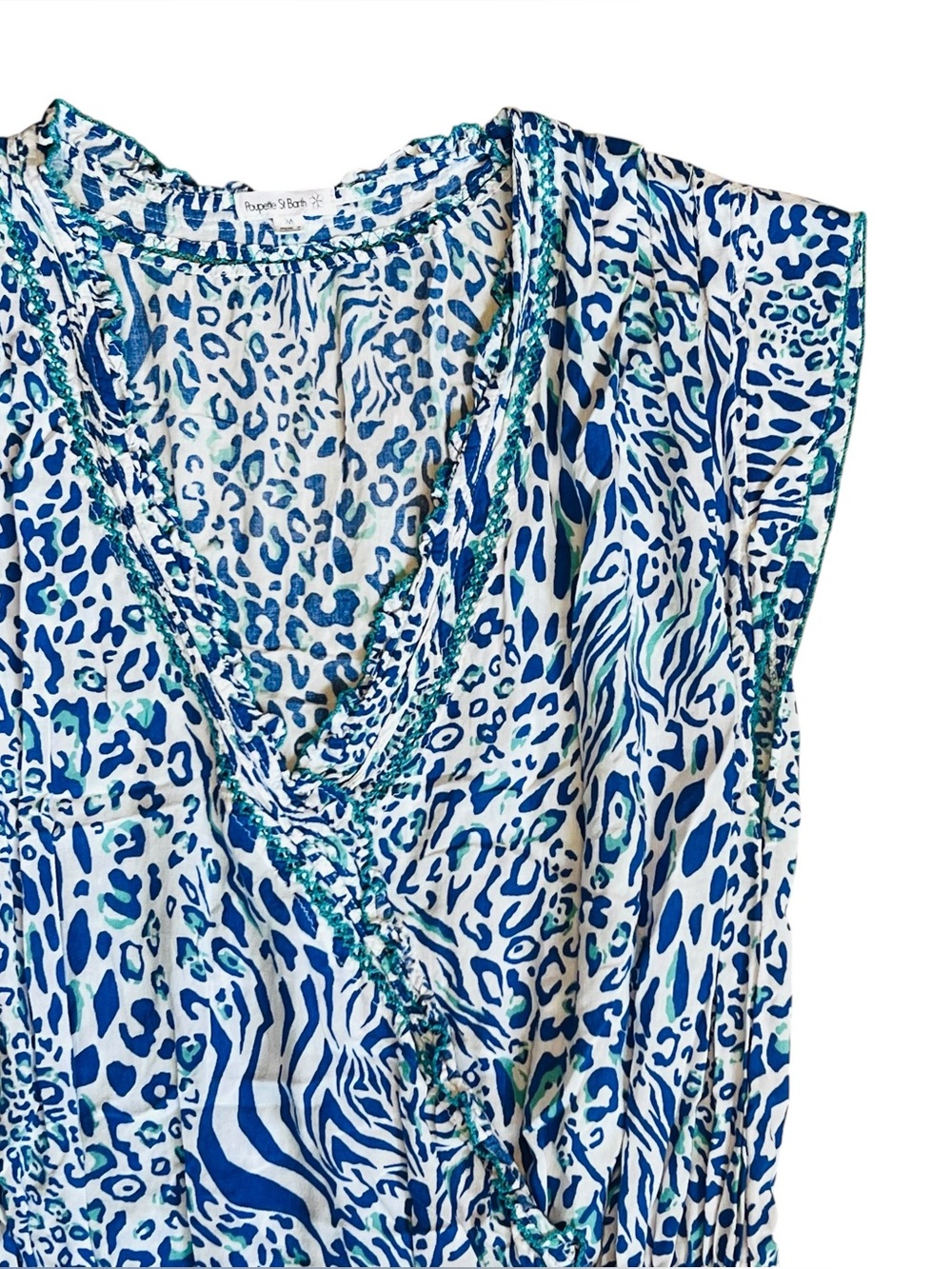 Poupette St Barth Women’s Sz M Animal Print Mini Dress Estel Blue White Ruffle - Picture 7 of 16